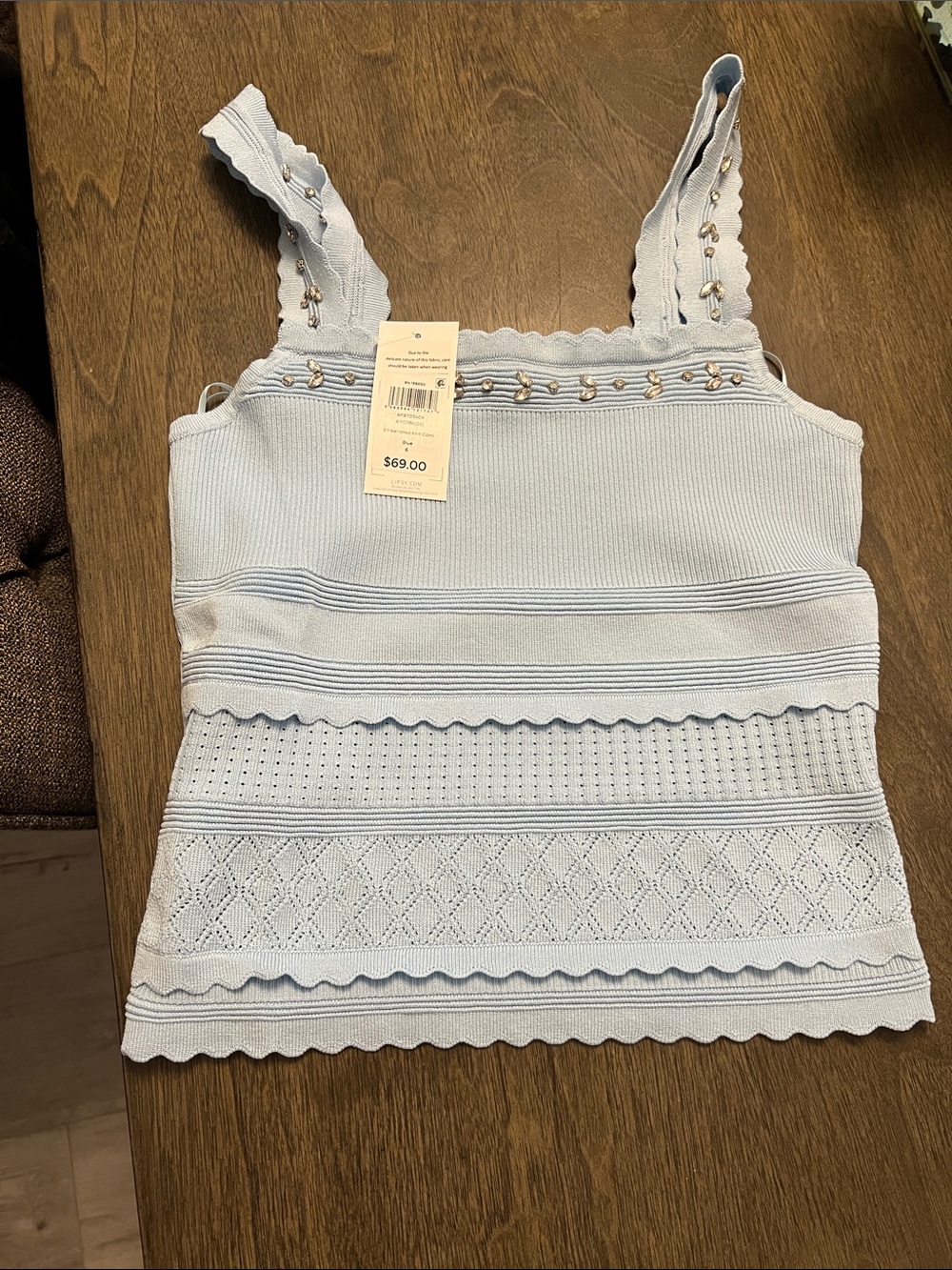 Lipsy Pale Blue Beaded Scallop Knit Camisole Top